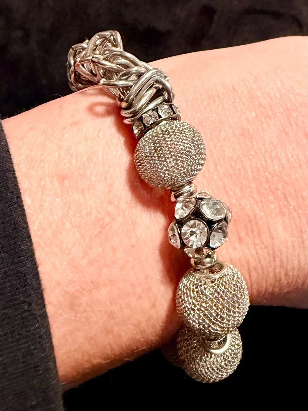 Artisan Style Silver Tone Mesh Bead Crystal Statement Bracelet